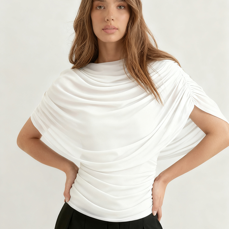 Haut à col écharpe, haut plissé en maille à manches courtes, couleur unie, coupe ajustée