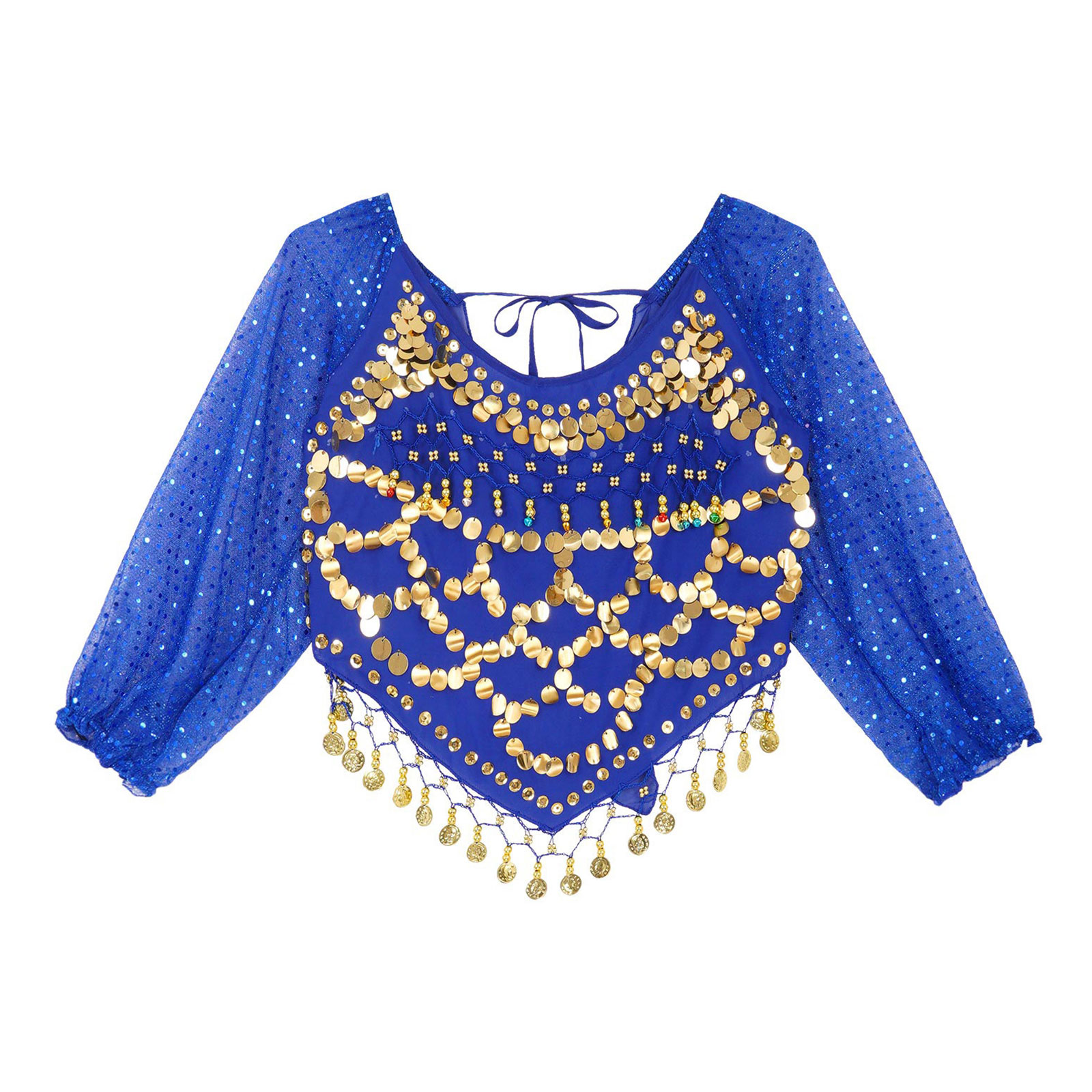 Haut court à paillettes brillantes pour femmes, manches longues, mousseline de soie de danse du ventre, dos en Y, ourlet irrégulier, costume de performance de carnaval