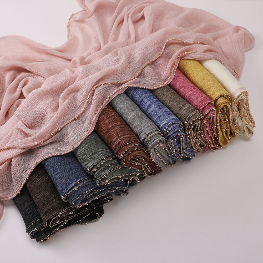 Élégant foulard en rayonne plissé rétro avec chaîne dorée perlée, châle de Ramadan, turban doux pour femmes musulmanes