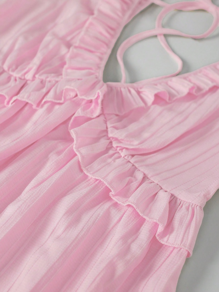 Robe Courte Texturée Femme à Bretelles Fines, Col en V, Rose Uni, Semi-Élégante, Sexy, Décontractée, avec Volants et Nœud au Dos pour l'Été