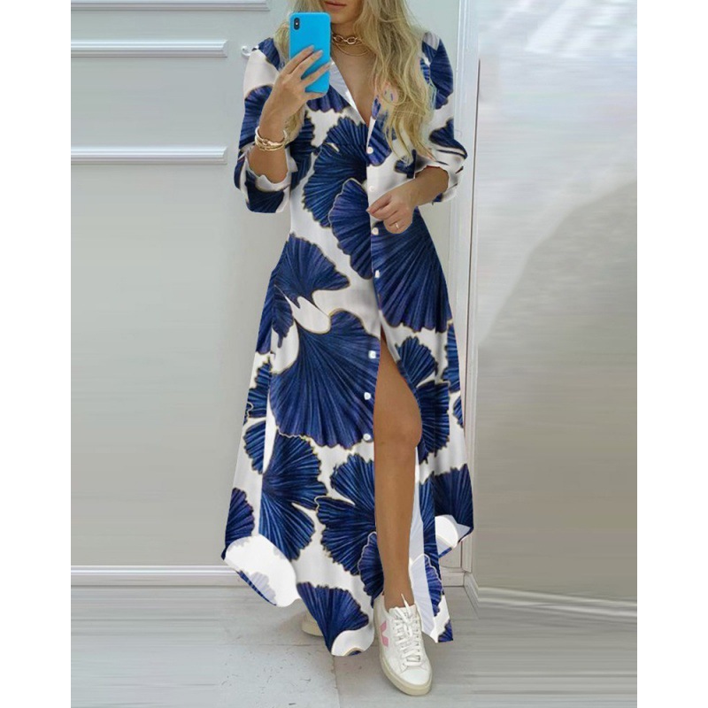Femmes Boho imprimé chemises longues robe été col rabattu à manches longues robe de soirée femme décontracté soirée Maxi robes robes