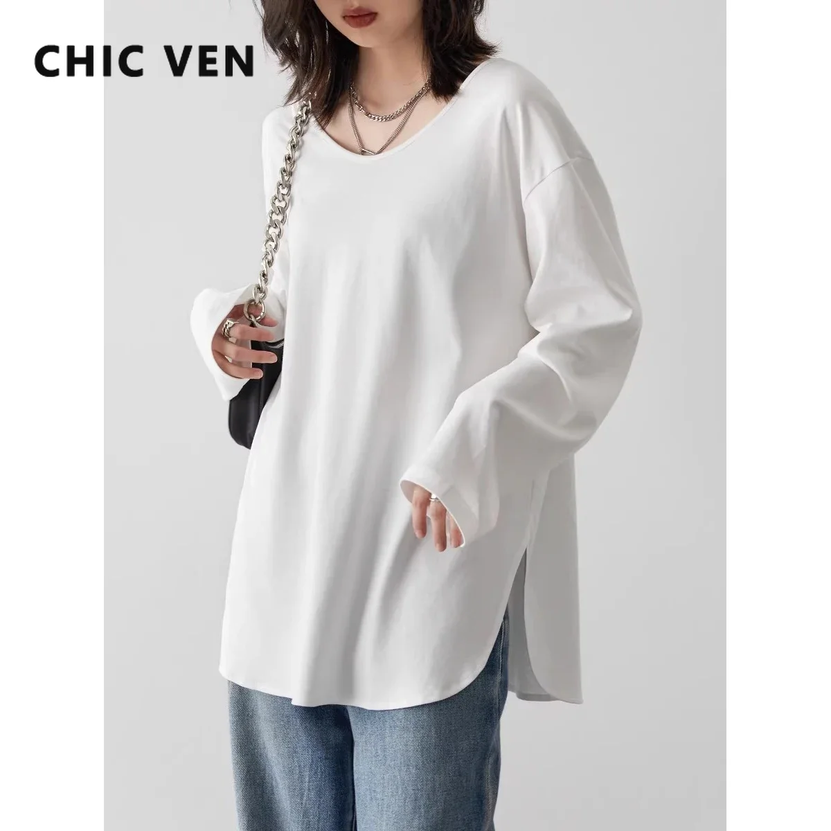 T-shirts amples décontractés à col en U et manches longues pour femmes CHIC VEN – Hauts fendus pour femmes, vêtements féminins automne-printemps 2026