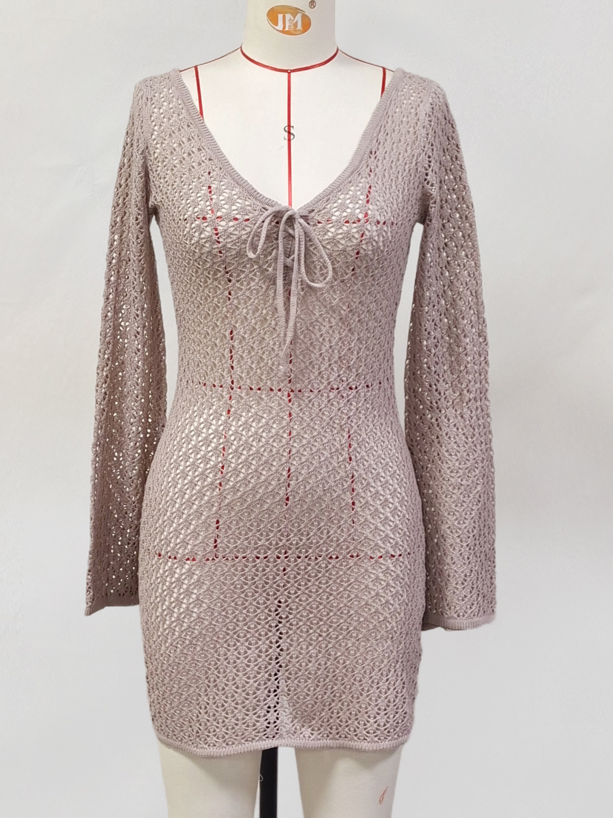 Robe de plage ajourée à manches longues, col en V, tunique crochet, cover-up, vêtements de plage, V6081