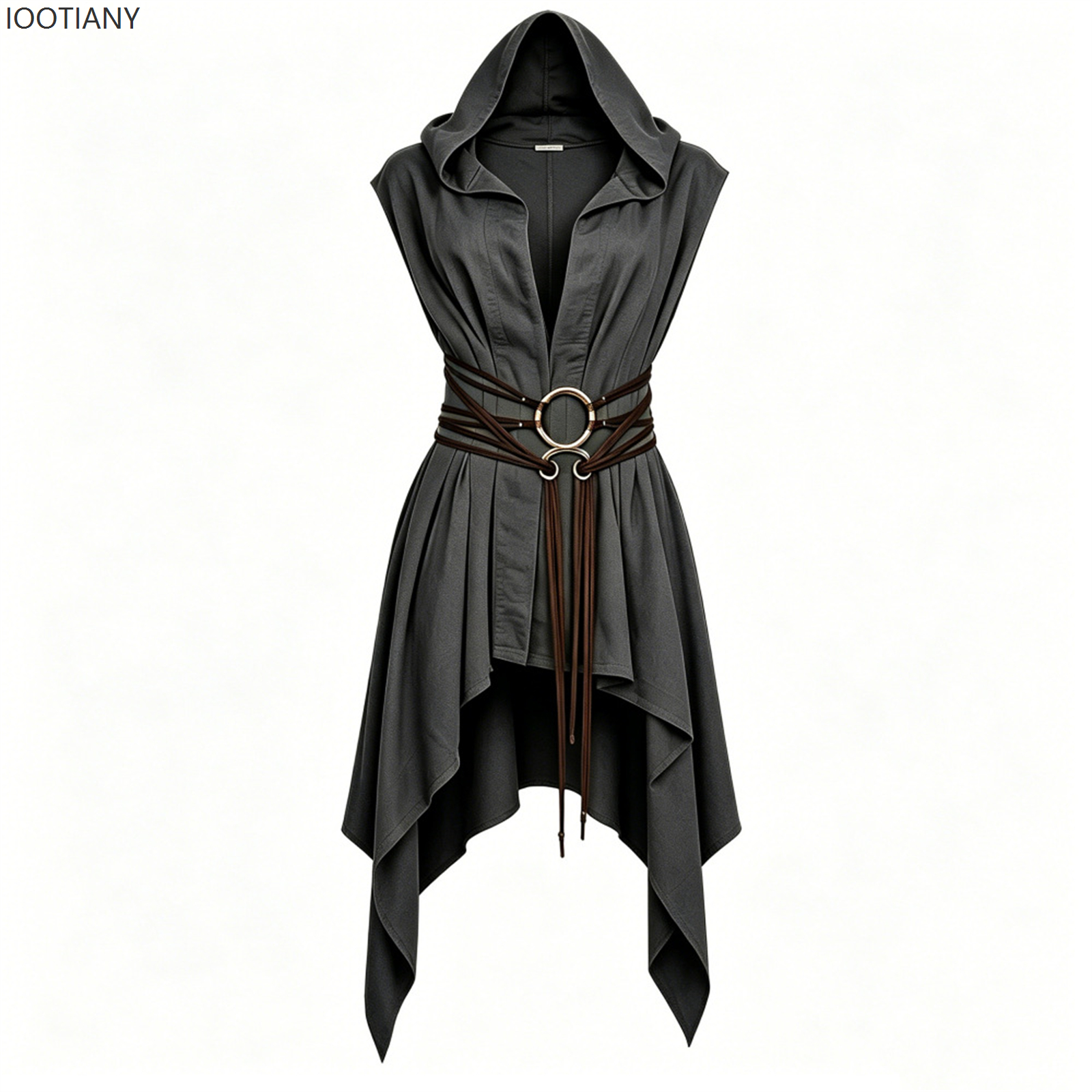 Robe tunique à capuche pour femme, style elfe médiéval, sans manches, ourlet irrégulier, ceinture en corde vintage, tenue de cosplay de chasseur gothique de la Renaissance.