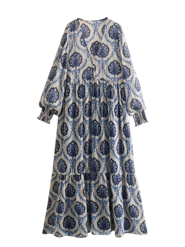 Robe Maxi à Imprimé Floral Bleu pour Femme, Manches sulf, Col en V Profond, Printemps Été, Boho, Plage, Éducatif