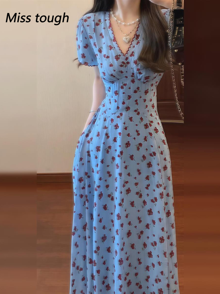 Robe mi-longue en mousseline de soie à col en V à manches bouffantes pour femmes, robe florale vintage, dentelle élégante, robe de soirée coréenne, robes d'automne pour femmes, 2024