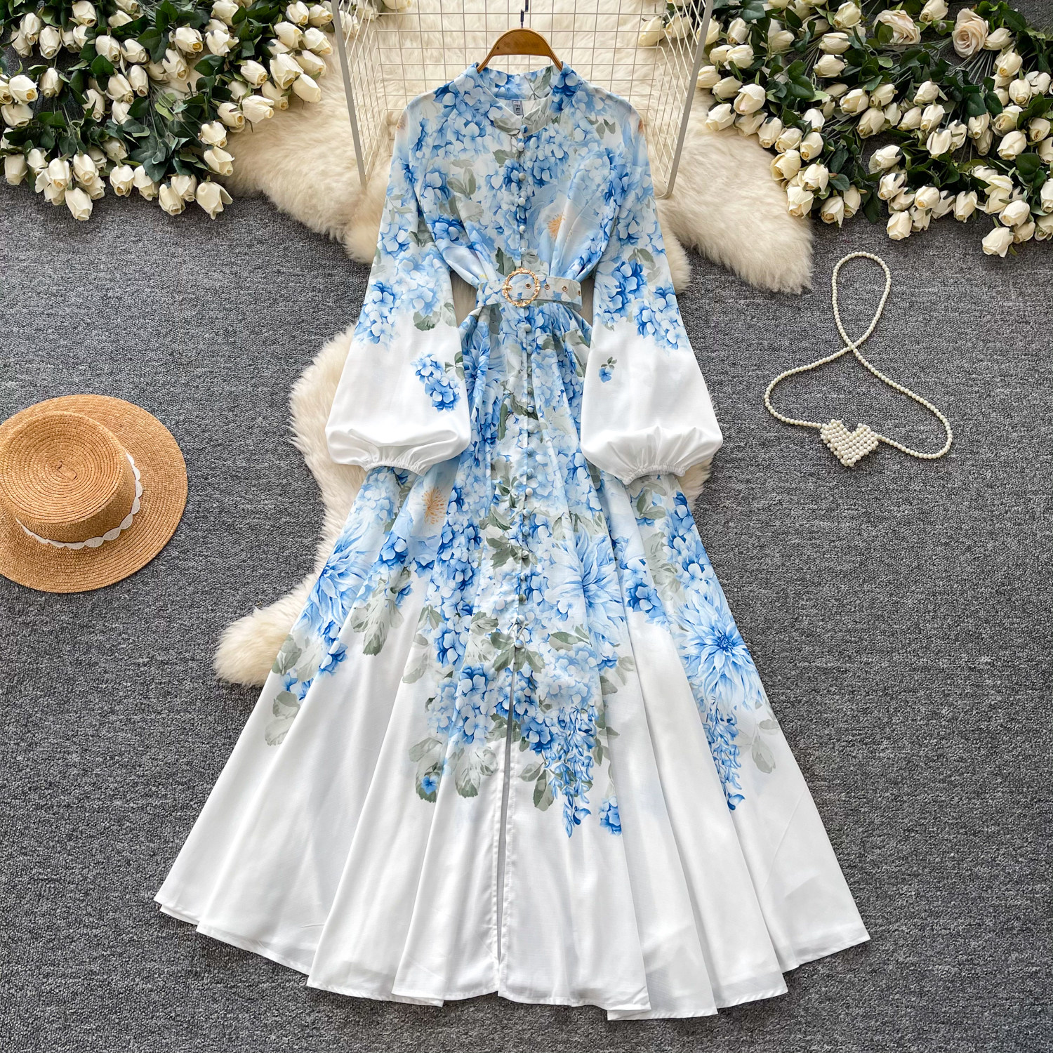 Robe de soirée longue élégante vintage française pour femme, col montant, manches lanternes, imprimé, simple boutonnage, design de robe de fête