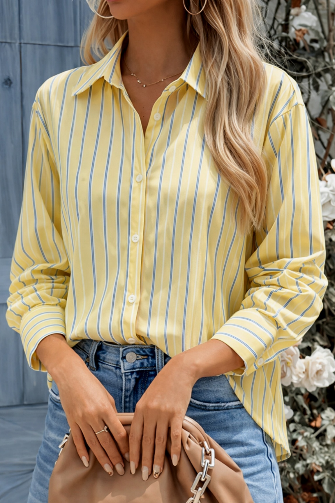 Chemise boutonnée rayée jaune pour femme, chemisier décontracté à manches longues