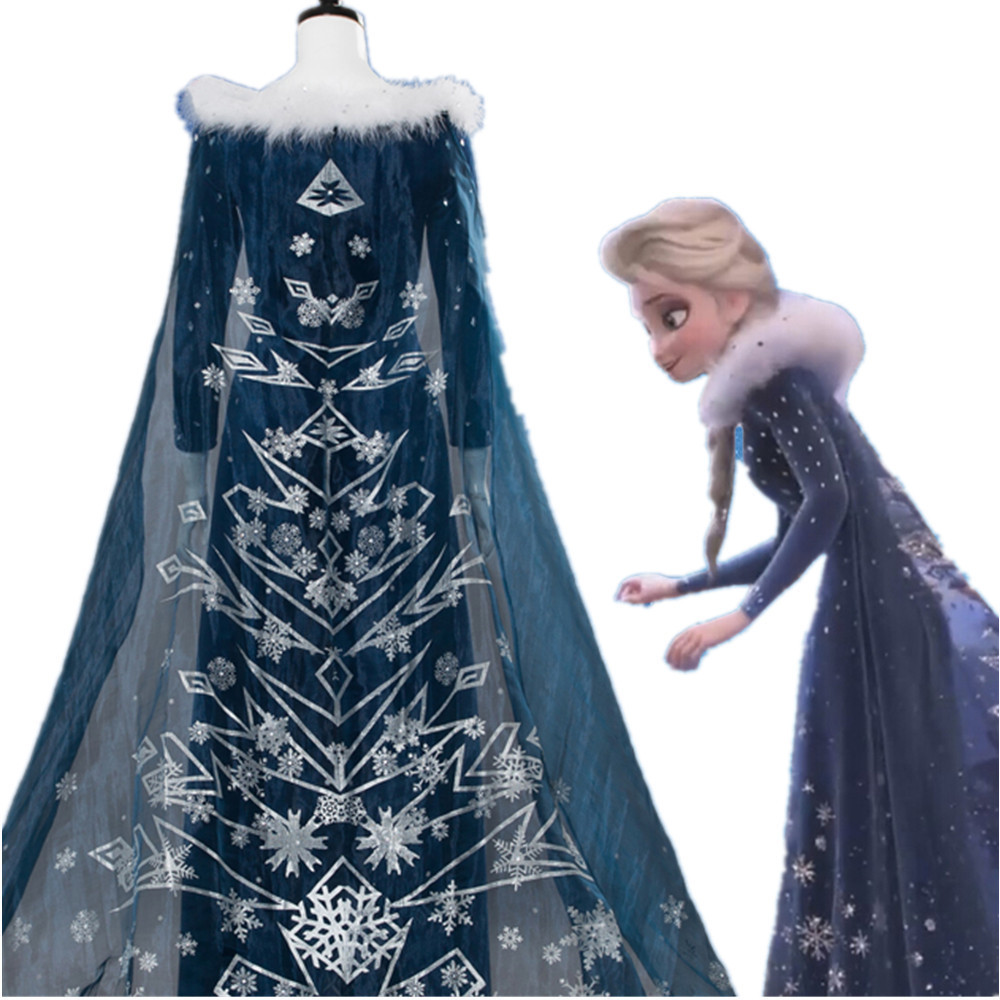 Déguisement Elsa Reine des Neiges Costume Adulte La Reine des Neiges : Joyeuses Fêtes Robe en Velours Bleu Foncé avec Cape de Noël pour Femme