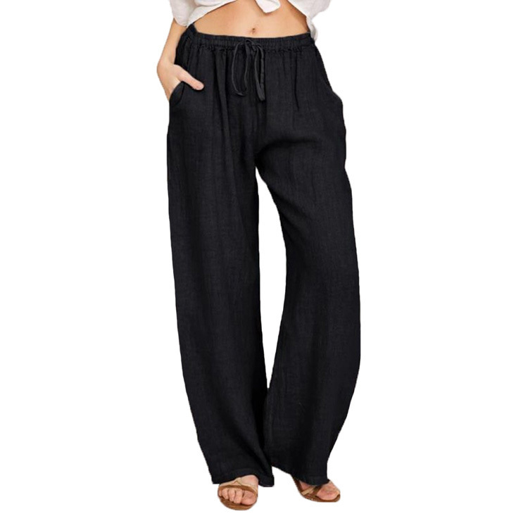 Pantalon en coton et lin pour femme, mode, uni, coupe large, taille élastique