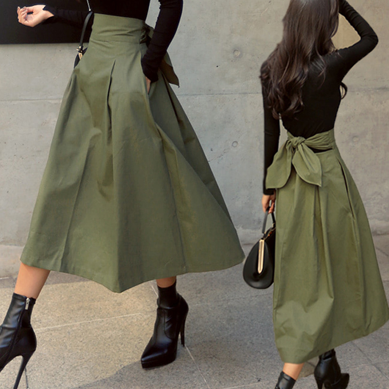 Jupes femmes mode coréenne couleur unie grande balançoire dames jupe longue jupe 2025 automne sauvage taille haute nœud jupes minces