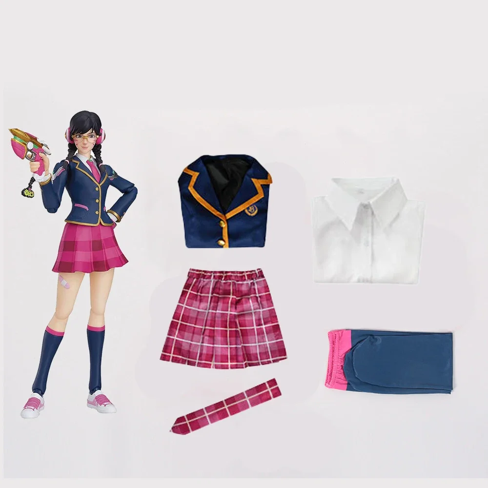 Costume de cosplay Song Hana, uniforme scolaire D.va JK pour femmes, ensemble haut, manteau et jupes, tenue d'Halloween Dva 3rd Party pour femmes