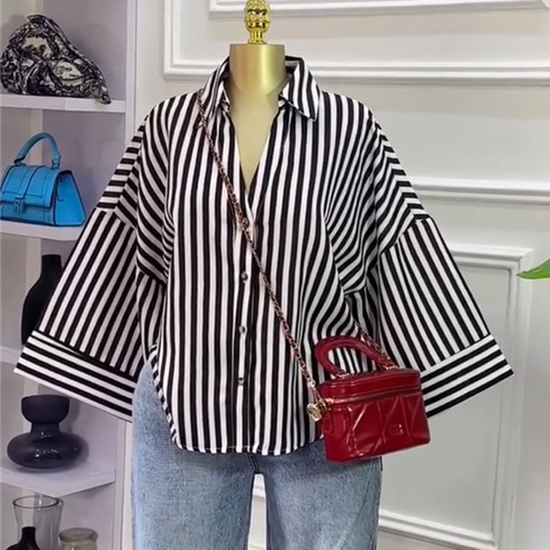 Femmes haut chemisiers chemise col rabattu manches longues hauts rayé Y2k Streetwear élégant épissure chemises décontracté travail ample automne
