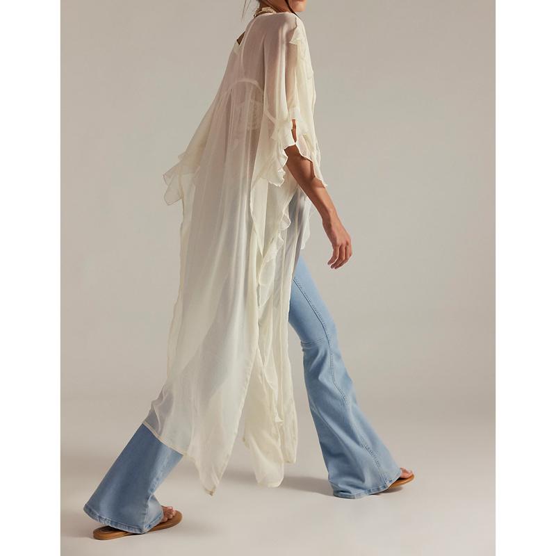 COmbhasaki femmes été Boho maillots de bain transparent Cardigan à volants garniture col en v boutonné fendu couverture longue chemise robe