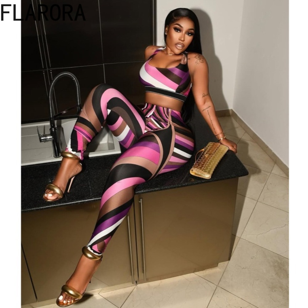 FLARORA – ensemble 2 pièces imprimé coloré pour femme, débardeur court à encolure carrée et pantalon slim, tenue de soirée de minuit, Clubwear