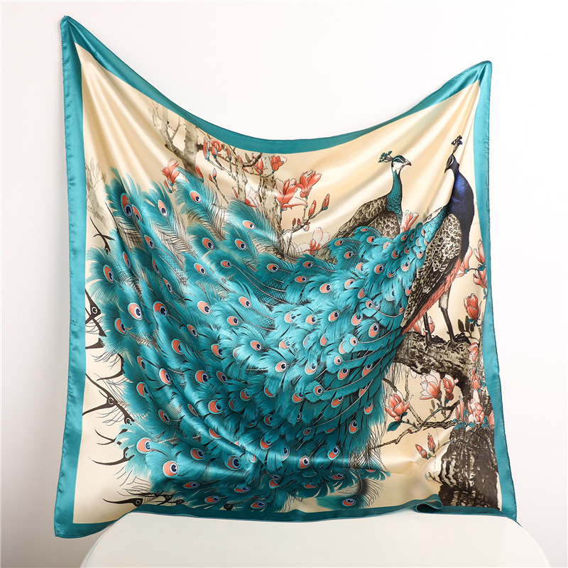 90*90 cm Hijab foulards femmes mode paon motif impression écharpe femme carré châles tête dames Bandanna Foulard silencieux fille