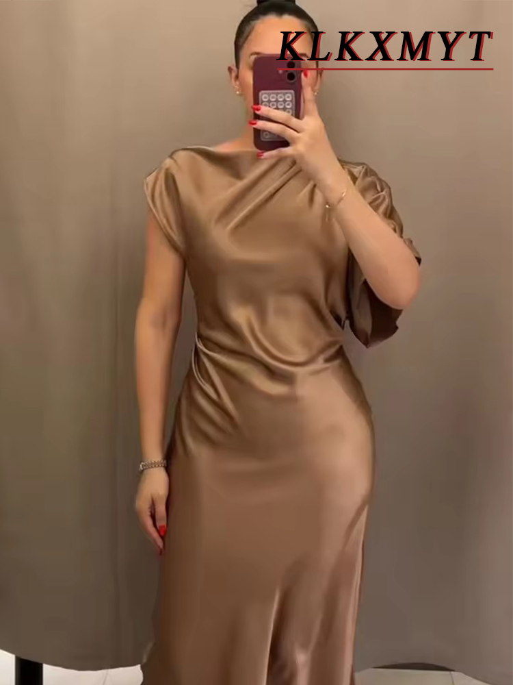 Robe de soirée asymétrique en satin de soie pour femme, robe de soirée sexy à épaules dénudées, printemps été ﻿   Robe élégante