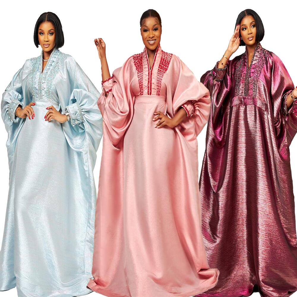 Robes africaines luxueuses pour femme avec ceinture intégrée, grandes tailles, robes de luxe à col en V avec strass pour l'église