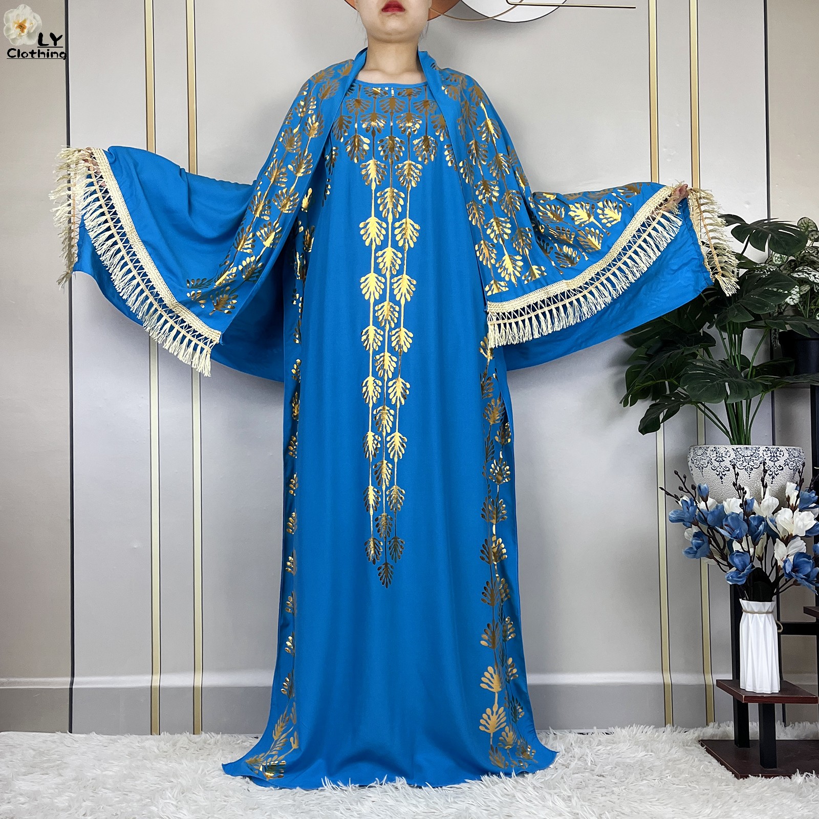 Robe en coton à manches courtes pour femmes, boubou à estampage doré, robe Maxi Islam avec grande écharpe, vêtements Abaya africains, été, nouveau, 2023