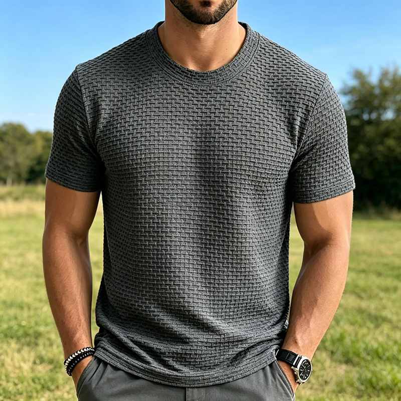 T-shirt en maille de soie glacée pour homme, à manches courtes et col rond, fin, couleur unie, pour l'été, style sport