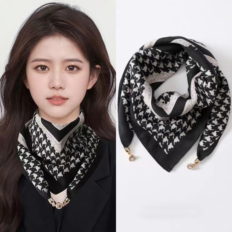 2025 nouveaux foulards imprimés de fleurs à carreaux avec boucle magnétique 65 cm * 65 cm enveloppes de cou carrées en coton et lin bandes de poignée de sac élégantes