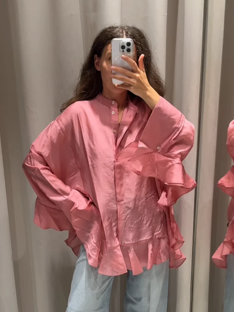 Chemise rose élégante en mousseline de soie à volants pour femmes, mode solide, simple boutonnage, chemises amples décontractées, Chic quotidien, hauts de bureau pour les déplacements quotidiens