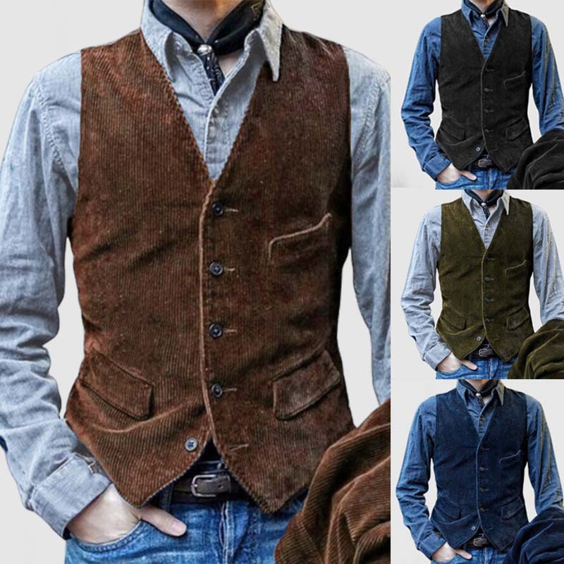 Gilets Vintage pour hommes, gilet en velours côtelé de Style britannique, manteaux décontractés, veste sans manches à simple boutonnage pour hommes, gilet formel