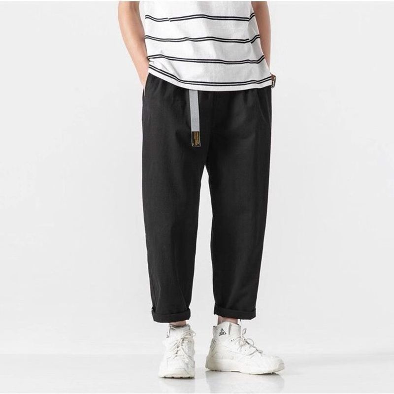 100% coton pantalon d'été décontracté avec ceinture hommes droit Baggy cheville longueur Cargo pantalon large jambe pantalons de survêtement mâle Streetwear