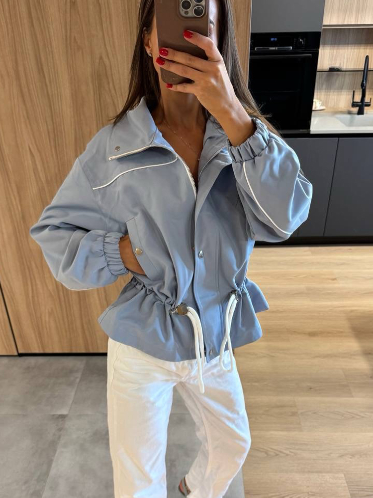 Veste coupe-vent chic pour femme, col blanc, taille ajustable par cordon, poignets élastiques, coupe ample, vêtement d'extérieur, nouvelle collection printemps 2026, cardigan de voyage.