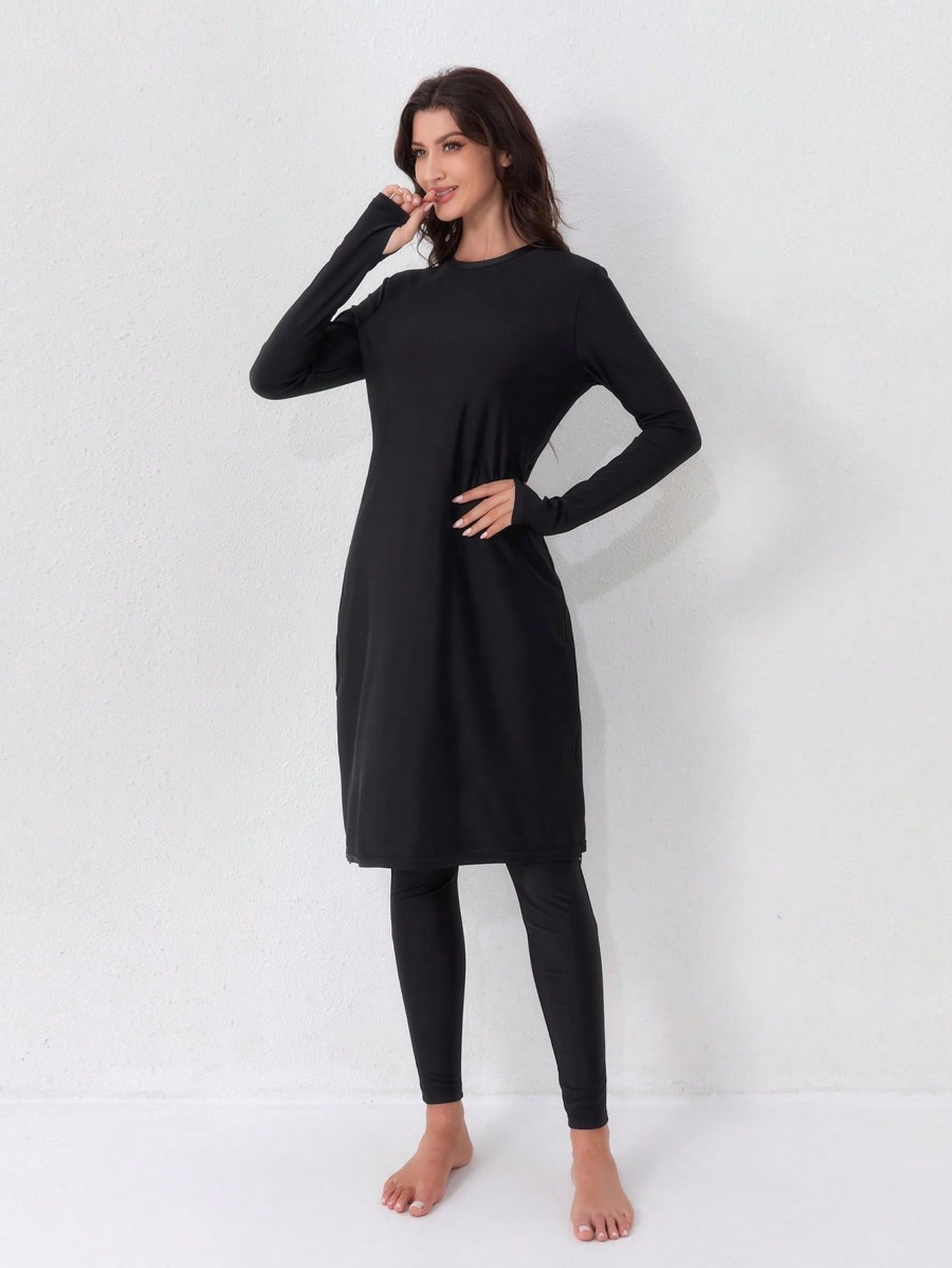 Maillot de bain décontracté pour femmes musulmanes, ensemble deux pièces, maillot de bain à col rond, style conservateur, boucle de doigt, robe noire, pantalon taille haute