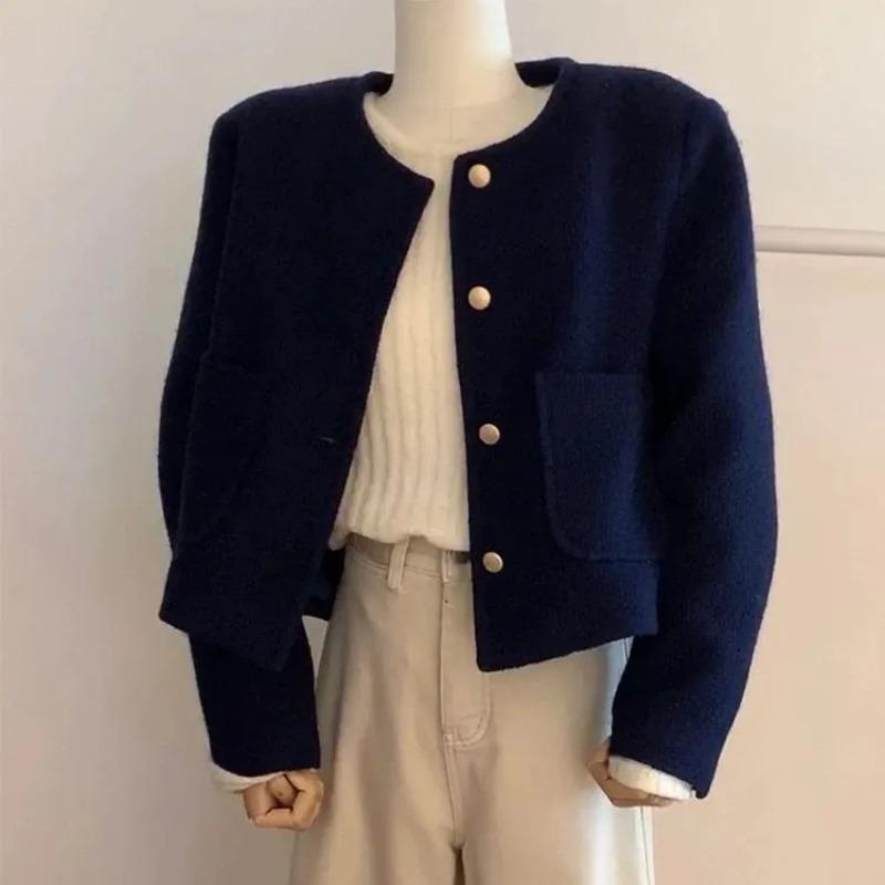 Veste Courte Femme Automne 2026 – Col Rond Tendance, Cardigan Élégant, Manteau Rétro Confortable pour Dames