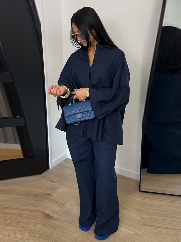 Ensemble décontracté chemise et pantalon pour femme, col rabattu simple boutonnage, haut et pantalon taille haute à jambes larges, nouvelle collection été 2026