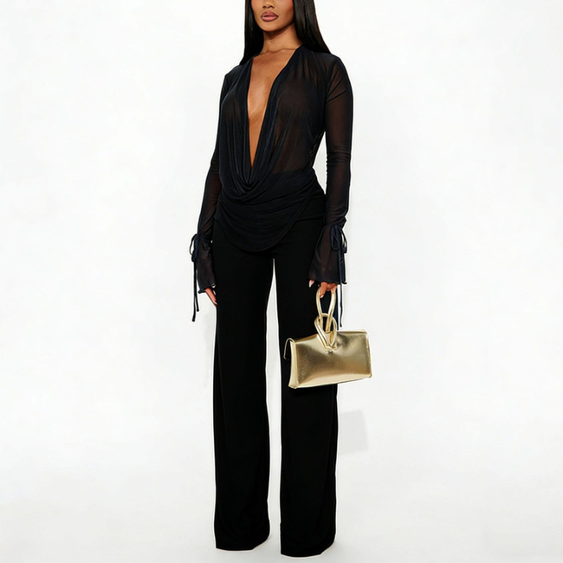 Ensemble de vêtements pour femmes, chemisier en mousseline de soie sexy à col en V et pantalon, manches longues, pantalon décontracté élégant, ensemble 2 pièces pour l'été