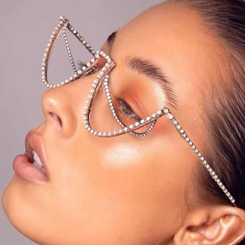 Dames mode demi-monture lunettes demi-monture sans lentille monture de lunettes Double couche mousseux strass monture de lunettes