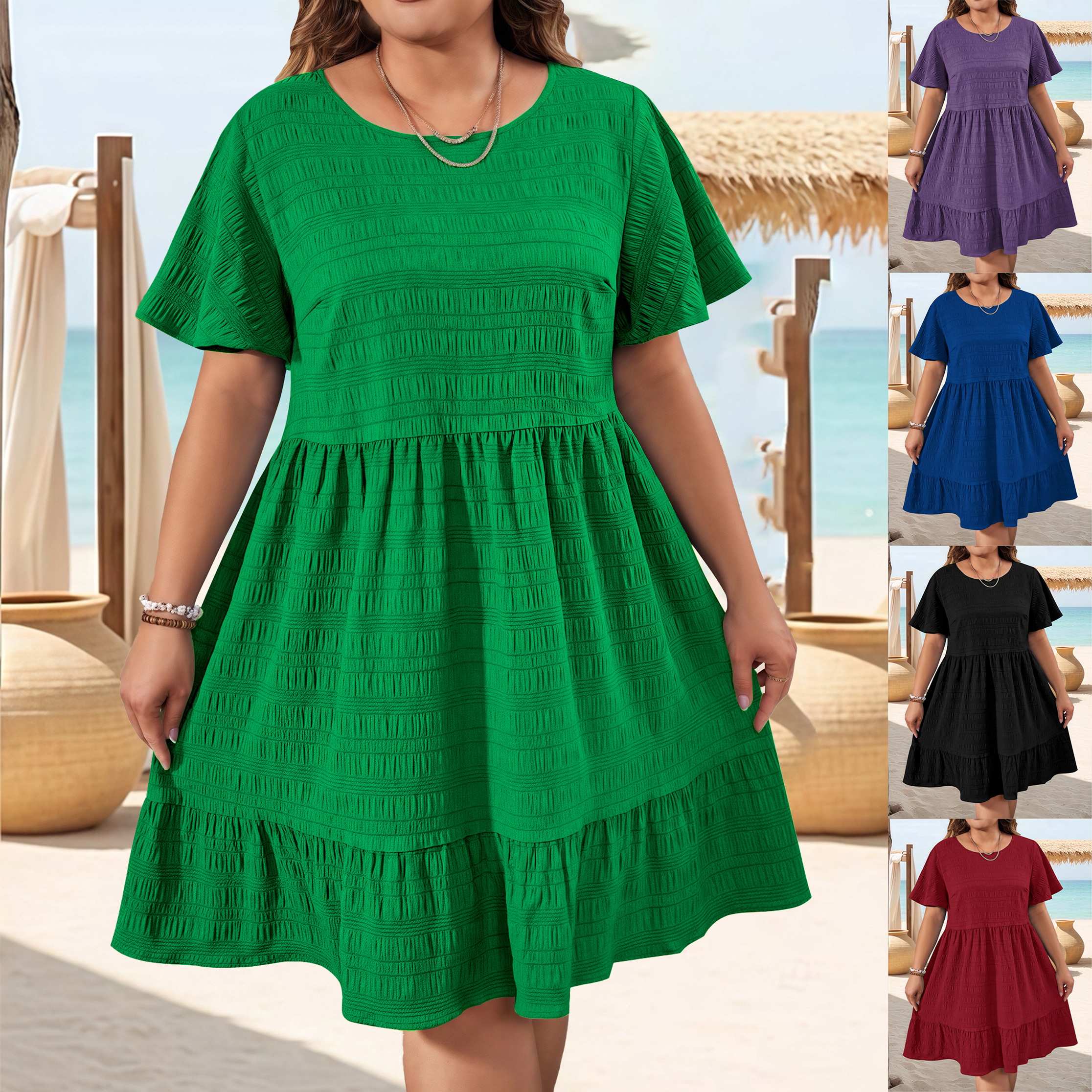 Robe d'été pour femmes grande taille, élégante, col rond, tissage patchwork, manches courtes amples