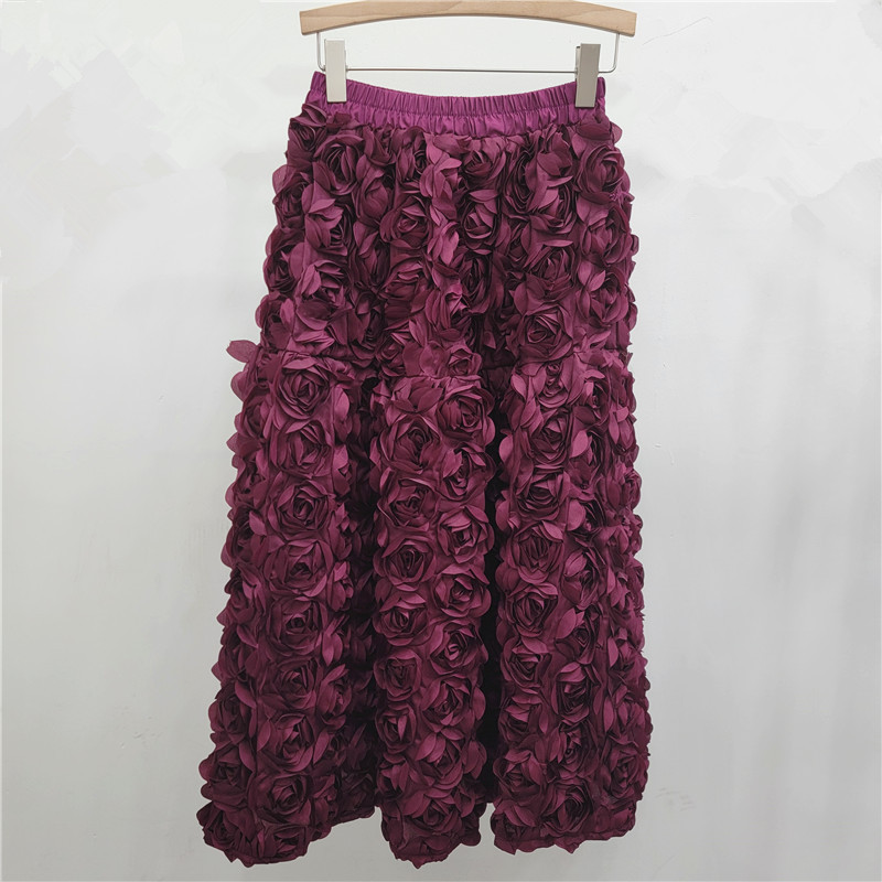 Jupe pour femmes 2025 été polyvalent fleur tridimensionnelle mi-mollet jupe taille haute grande balançoire mode a-ligne jupes longues