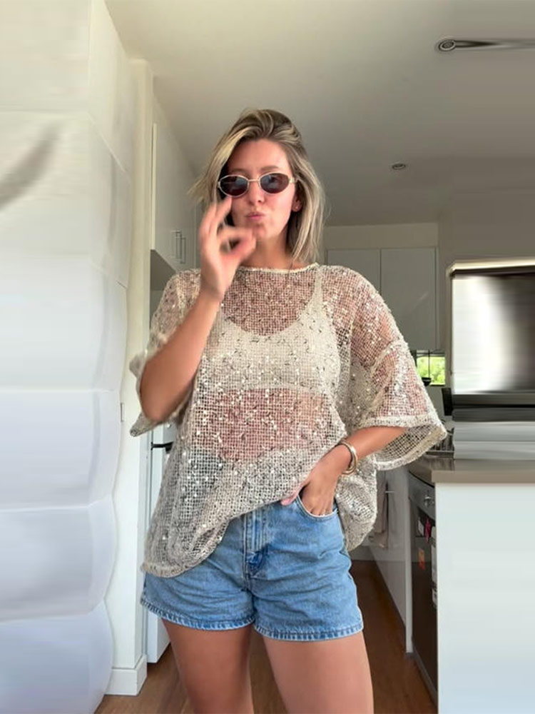 Sexy transparent perles haut femmes col rond manches longues évider hauts femme 2025 printemps été mode décontracté dame pull