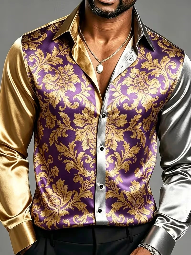 Chemises habillées pour hommes en satin de soie à manches longues, imprimé floral baroque, coupe ajustée, pour soirée, boîte de nuit, décontractées ou formelles