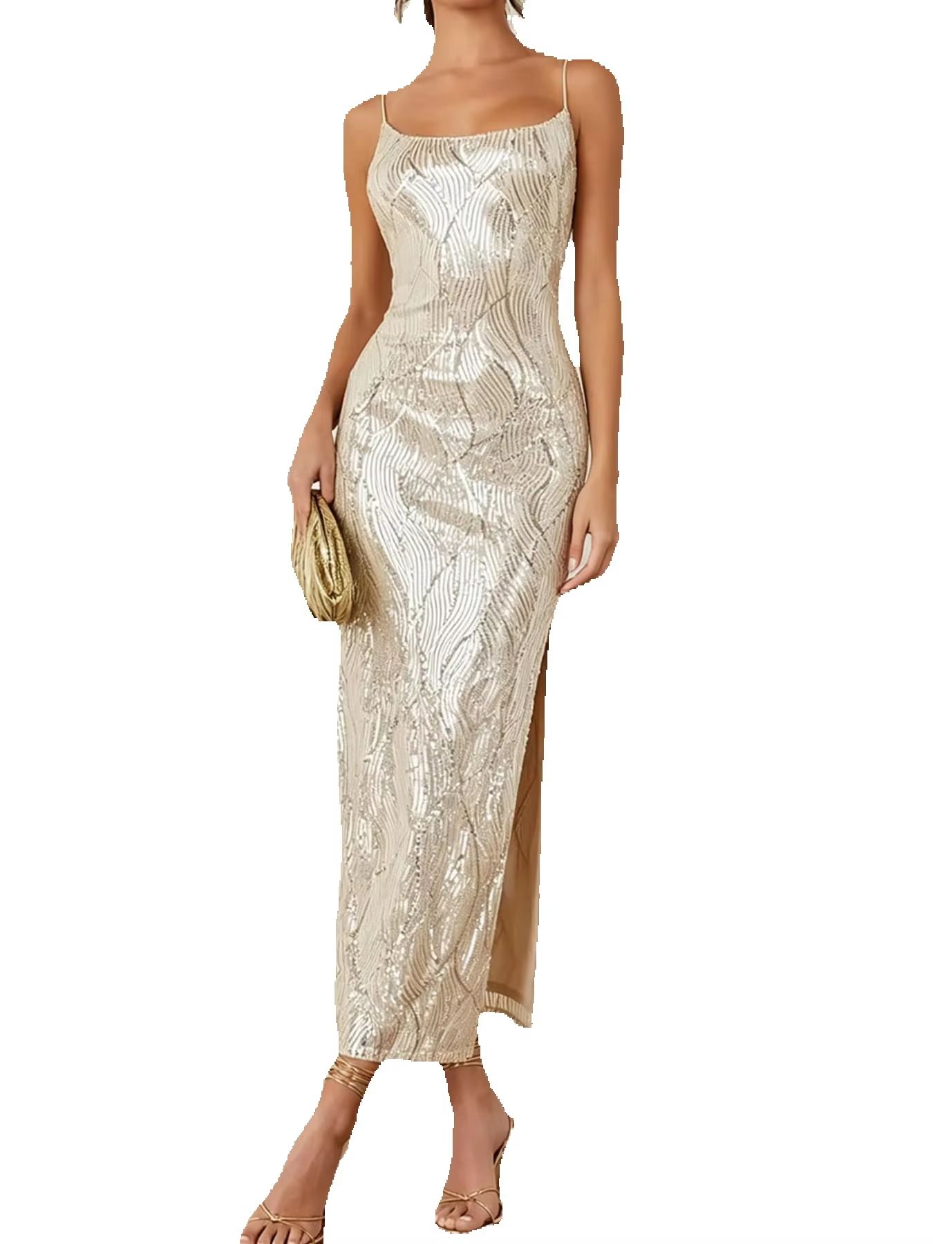 Robe longue élégante à sequins avec fente, bretelles spaghetti, coupe moulante légère pour occasions spéciales/séances photo