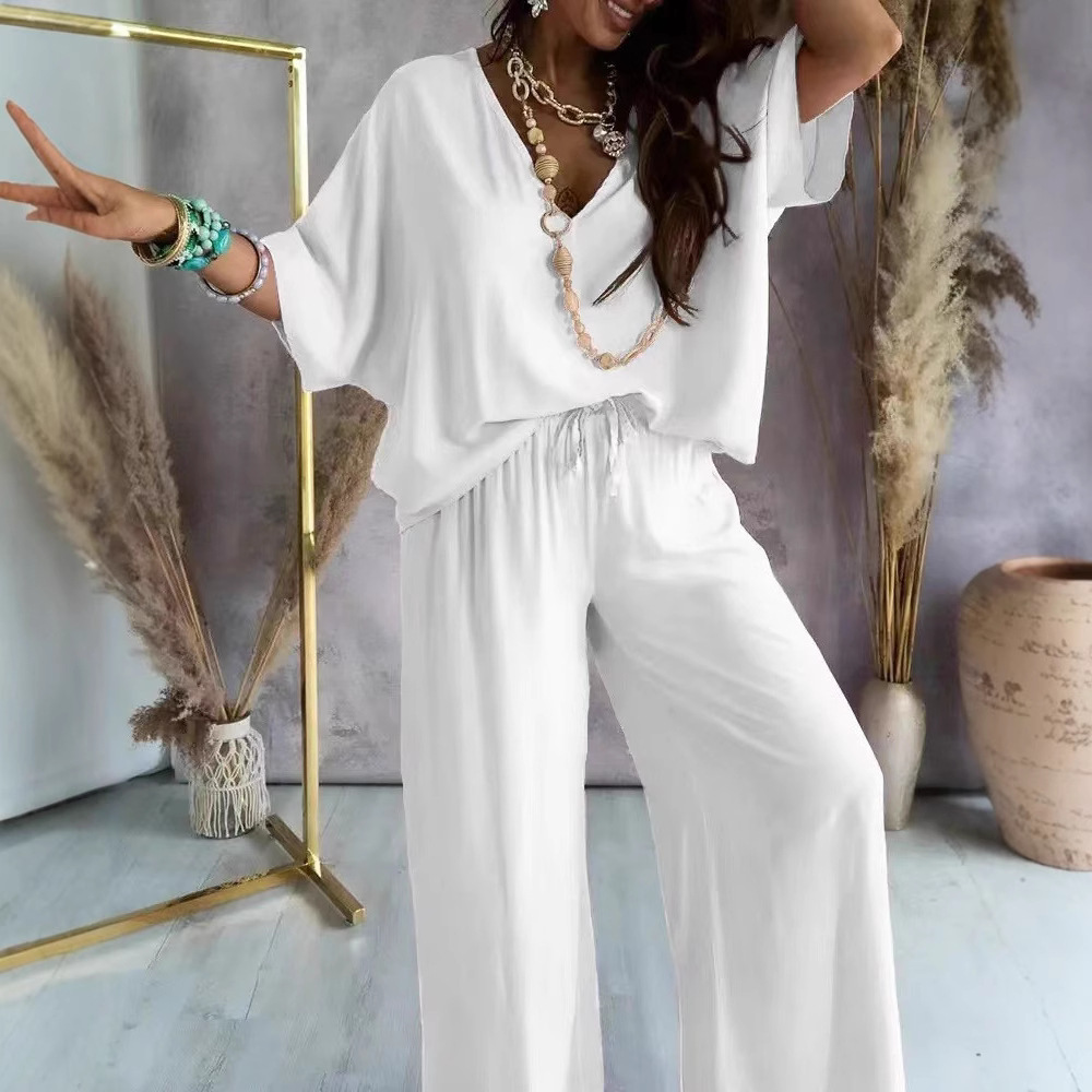 Ensembles amples 2 pièces pour femmes en promotion : Chemisiers à col en V et manches courtes & Pantalons de plage taille haute à jambes larges NMD-3032