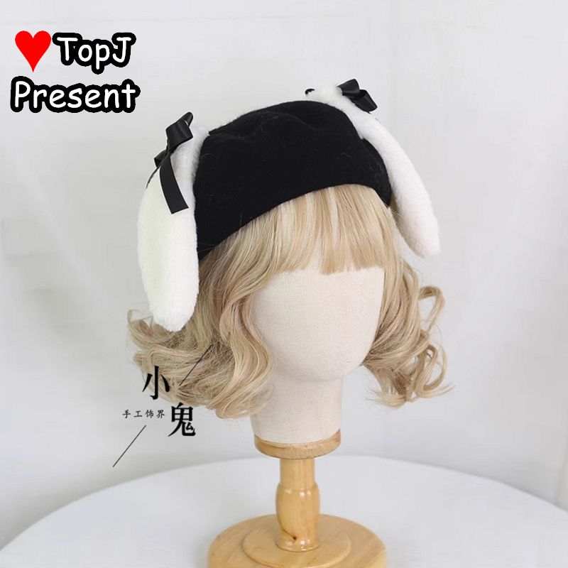 Béret gothique Lolita pour femmes, pelucheux, Harajuku, épicé, oreilles de lapin, polyvalent, rétro, Style Miss, nœud de printemps, perle, chapeau Original