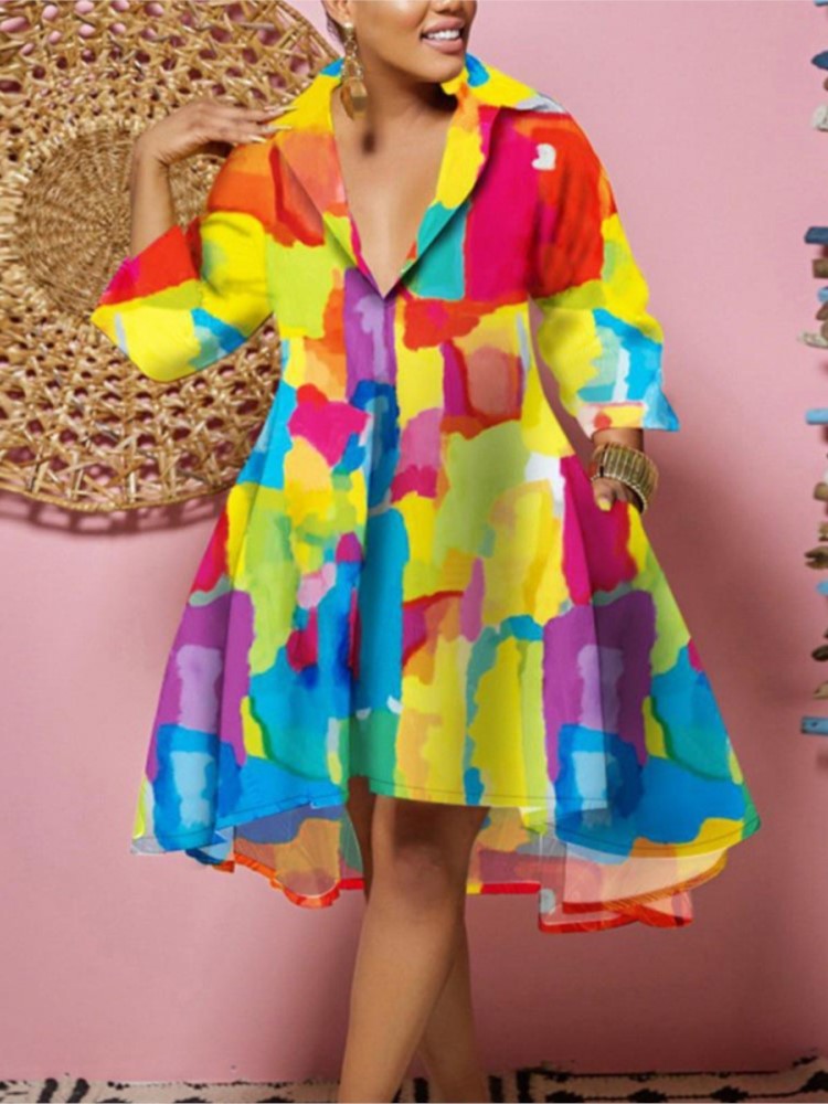 Femmes Sexy mode imprimé chemise robes Chic col en V ample à manches longues Robe casual vacances femme Mini robes Robe vêtements