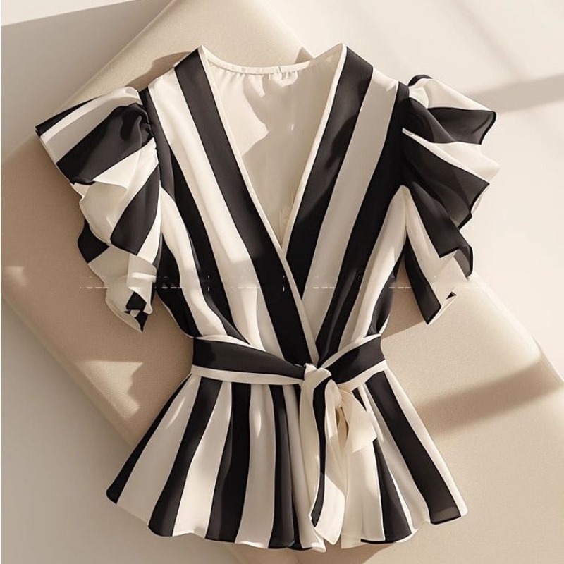 Été femmes hauts tempérament Blouses pour femmes 2025 Camisas De Mujer col en v chemises ajustées volants rayé Vintage Blouse