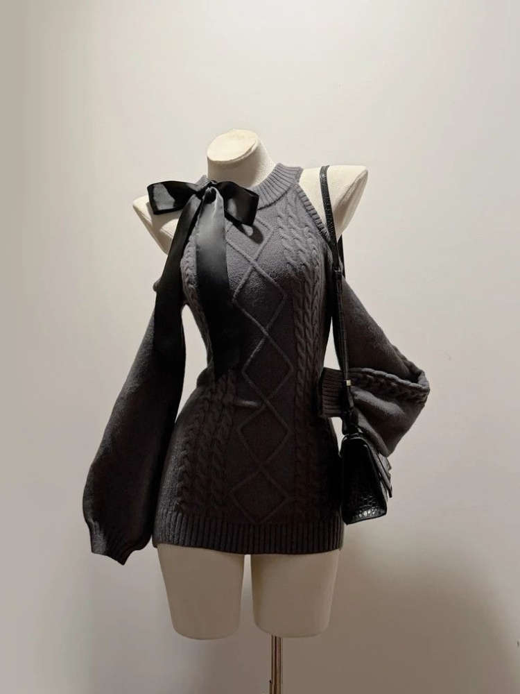 Kawaii – robe pull à épaules dénudées pour femme, coupe cintrée, chaude, en tricot, mode coréenne, avec nœud, manches longues, élégante, tendance, nouvelle collection hiver