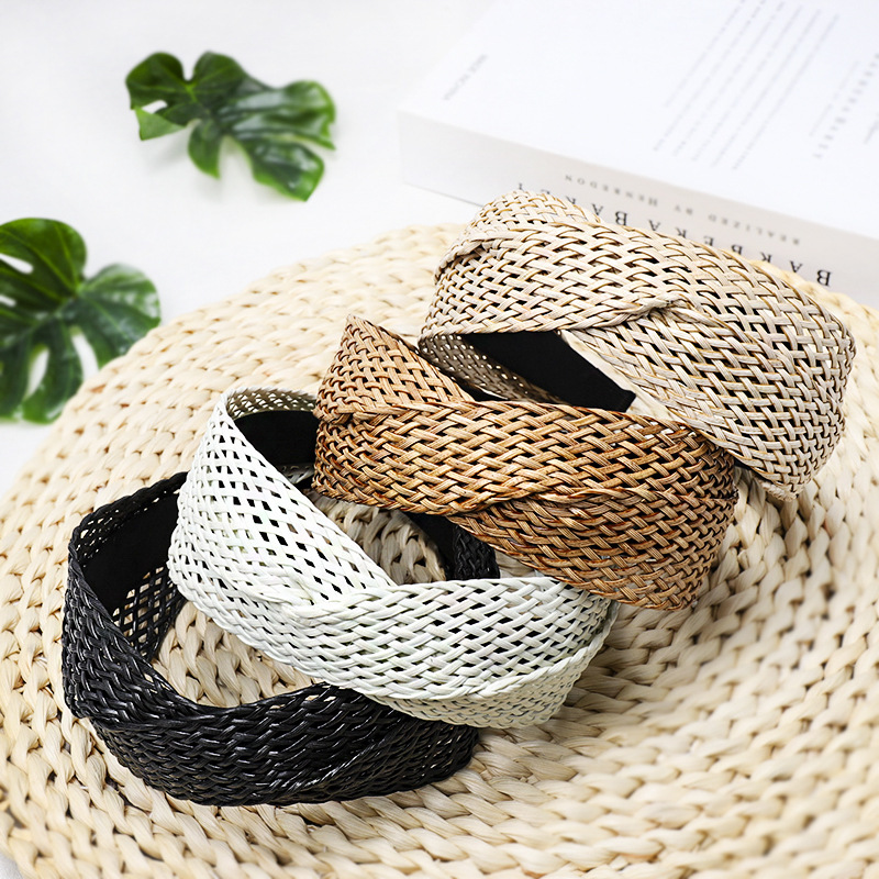 Style de plage bandeau de paille Bohe bandeau de cheveux tissage croix cerceau de cheveux été femmes bandeau à large bord chapeaux accessoires de cheveux