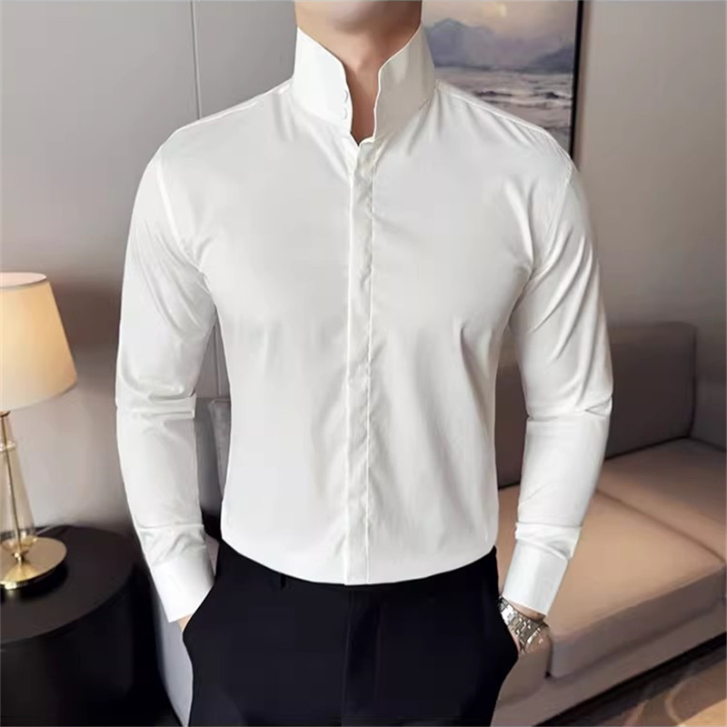 Mode col haut chemises hommes printemps automne couleur unie à manches longues Style coréen chemises décontractées intelligentes hommes coupe ajustée Stand chemise