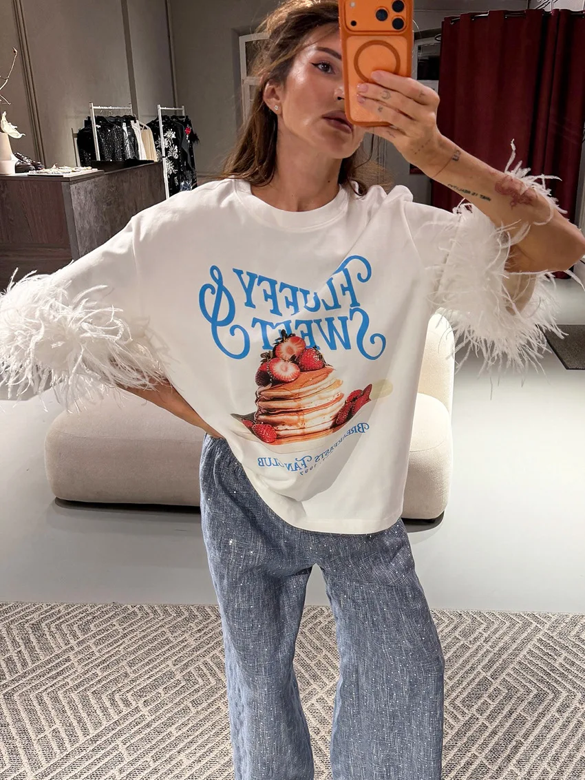 Chic plume Patchwork imprimé T-shirts femmes décontracté col rond demi manches chemise surdimensionnée 2026 nouvelle dame été hauts de rue