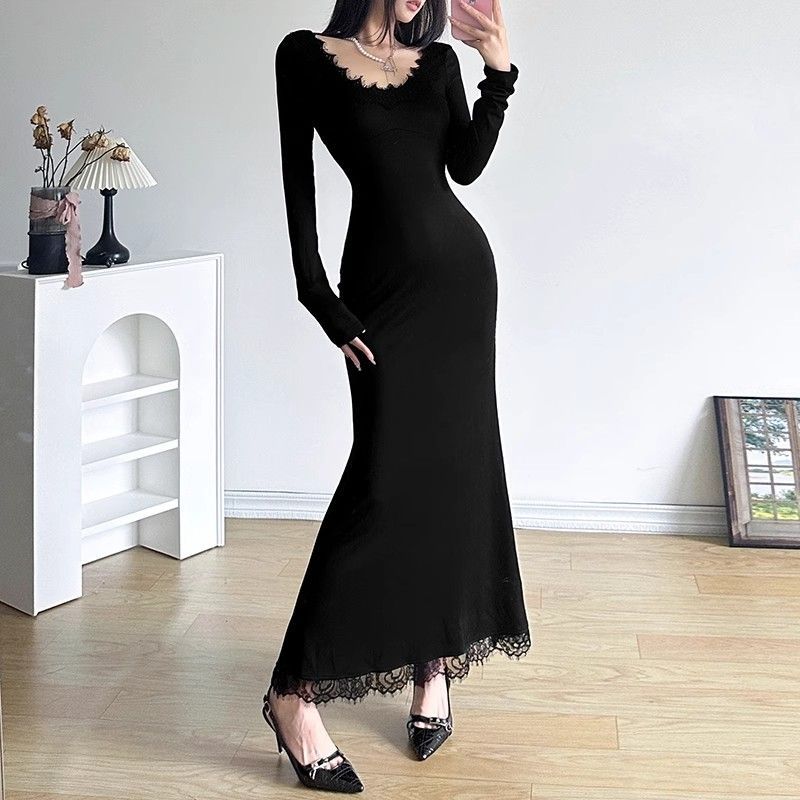 Robe en dentelle à manches longues pour femmes, vêtements esthétiques serrés, Kpop, Corset bon marché, décontracté, rétro, complet, Harajuku, robes moulantes pour femmes