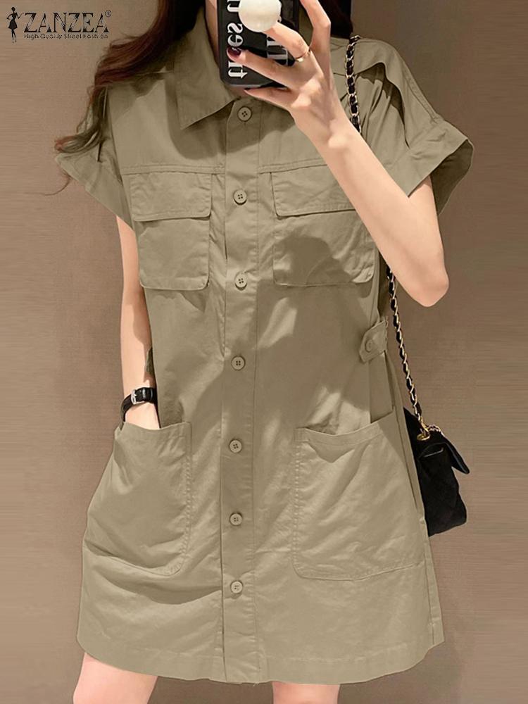 Mode coréenne été Cargo robe ZANZEA femmes à manches courtes col rabattu robe d'été décontracté solide fête robe chemise robes