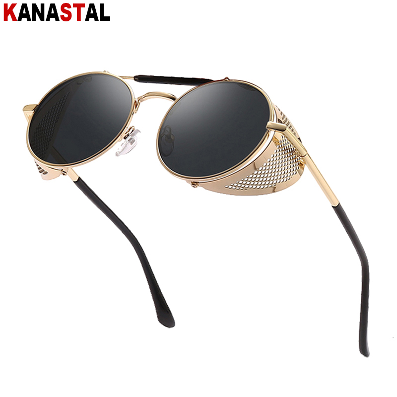 Lunettes de soleil rondes rétro Steampunk pour hommes et femmes, protection latérale UV, monture métallique, lentille miroir gothique, à la mode